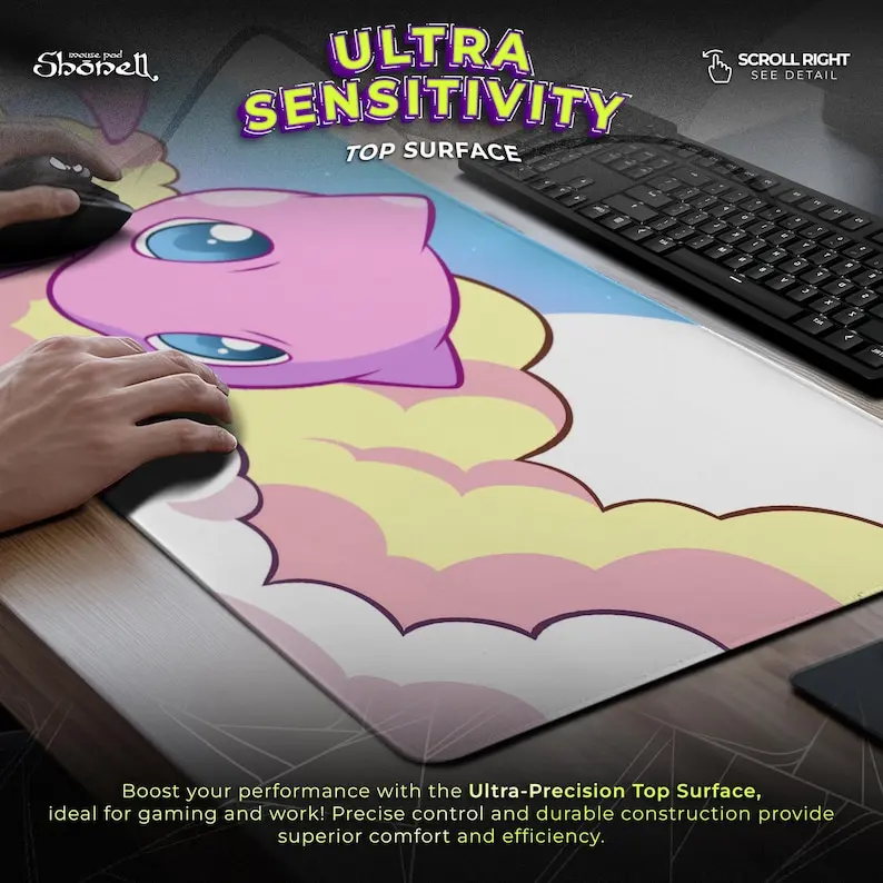 لوحة ماوس Mew Pokémon - سجادة مكتب سحابة سحابية أسطورية لطيفة، فن Mew العائم باستيل، ديكور هدية ألعاب Kawaii