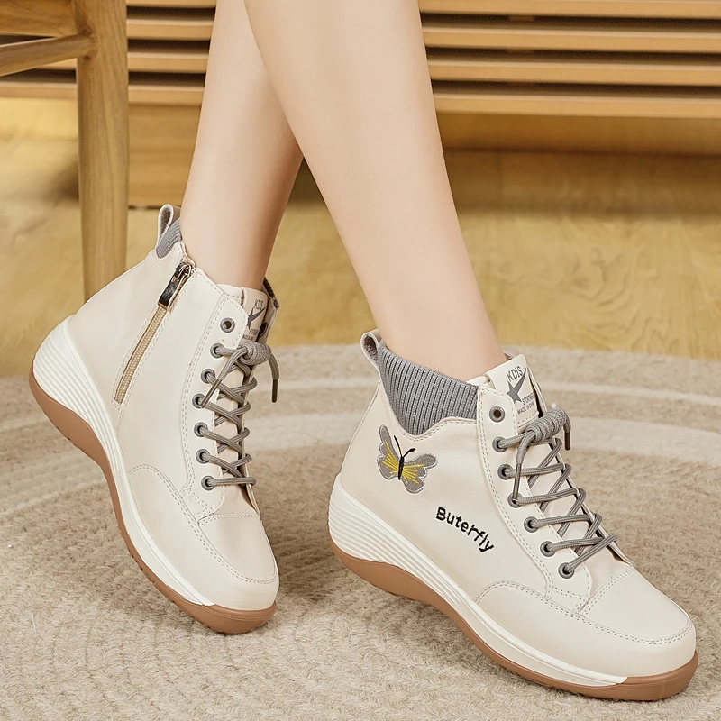 

Women's Butterfly Embroidered High-Top Wedge Sneakers - Lace-Up Zipper Non-Slip Casual Walking Shoes