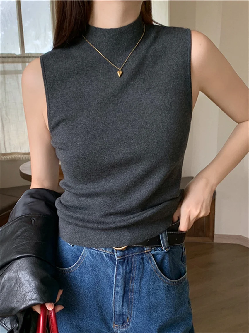 Arazooyi Bottoming Sweaters OL Sleeveless Mock Neck Slim-Fit All Match Autumn 2023 High Street Skinny Knitted Chic New