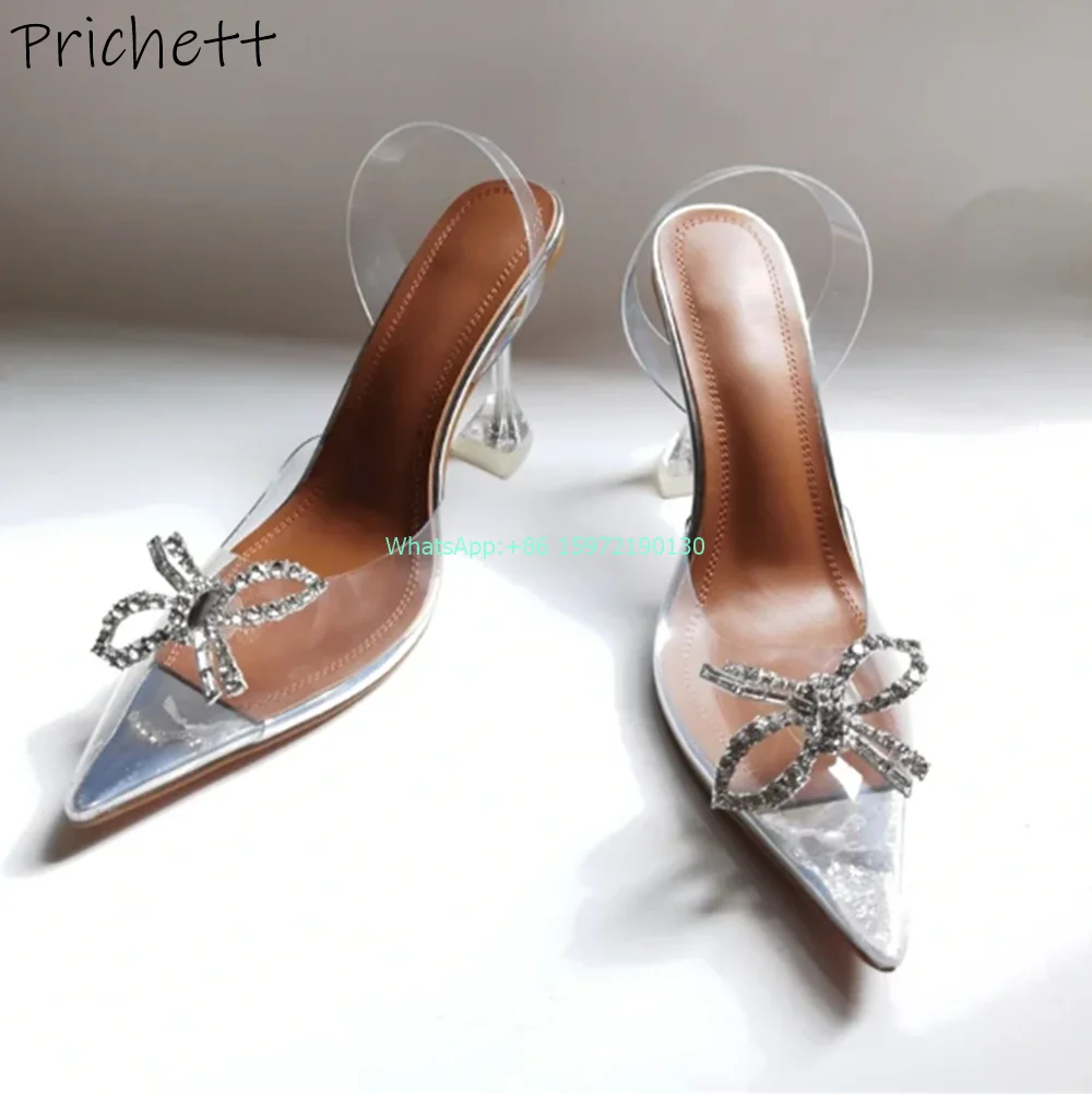 Crystal Butterfly Knot Transport Sandals Pointy Toe Wineglass Heels Slingback Slip On Shoes Ladies Party Shiny Elegant Shoes