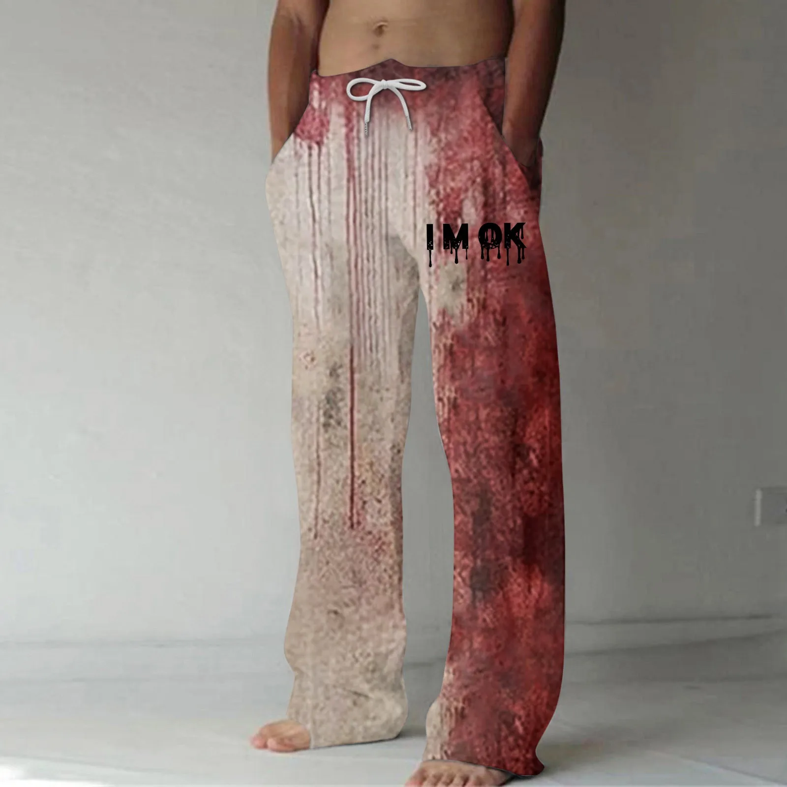 Pantalones casuales con estampado de letras manchadas de sangre para hombre, Pantalones rectos cómodos y sueltos, pantalones largos de tendencia de moda con cordón, Halloween