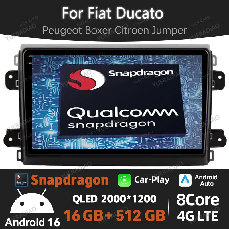 Android 16 Car Radio For Fiat Ducato Van L3H2 2021 2022 2023 Carplay Auto GPS NAVI 4G WIFI Multimedia Stereo Video Player QLED