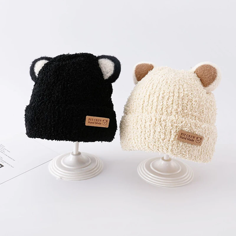 Cartoon Baby Plush Hat Winter Warm Coral Fleece Beanie Cap for Toddler Boy Girl Solid Color Cute Cat Ears Kids Knitted Hats