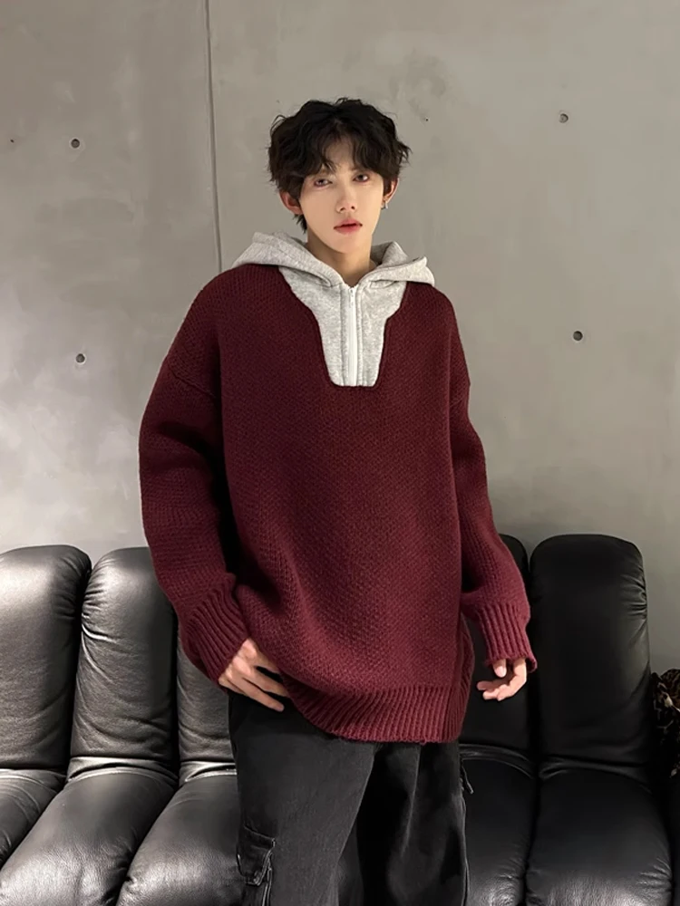 

Мужской вязаный свитер в стиле ретро, цвет винно-красный, с капюшоном на молнии, зимний, с дизайнерскими вставками, повседневный, удобный, из смесового полиэстера