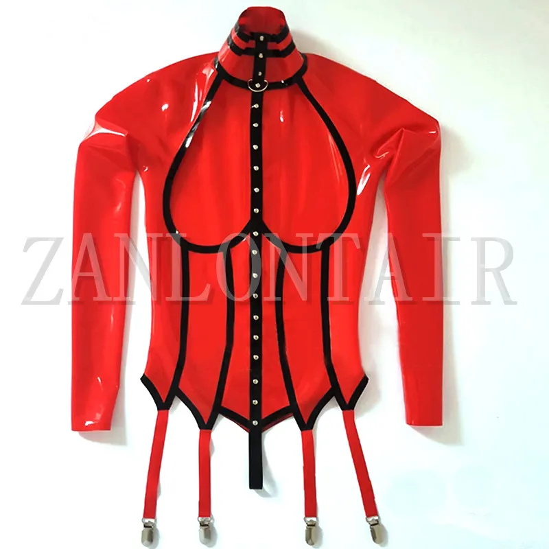 

Fashion Red Handmade Latex Long Sleeves Open Bust Tops Blouse Corset with Garter Crotch Thong Fetish Uniform Back Zip Customize