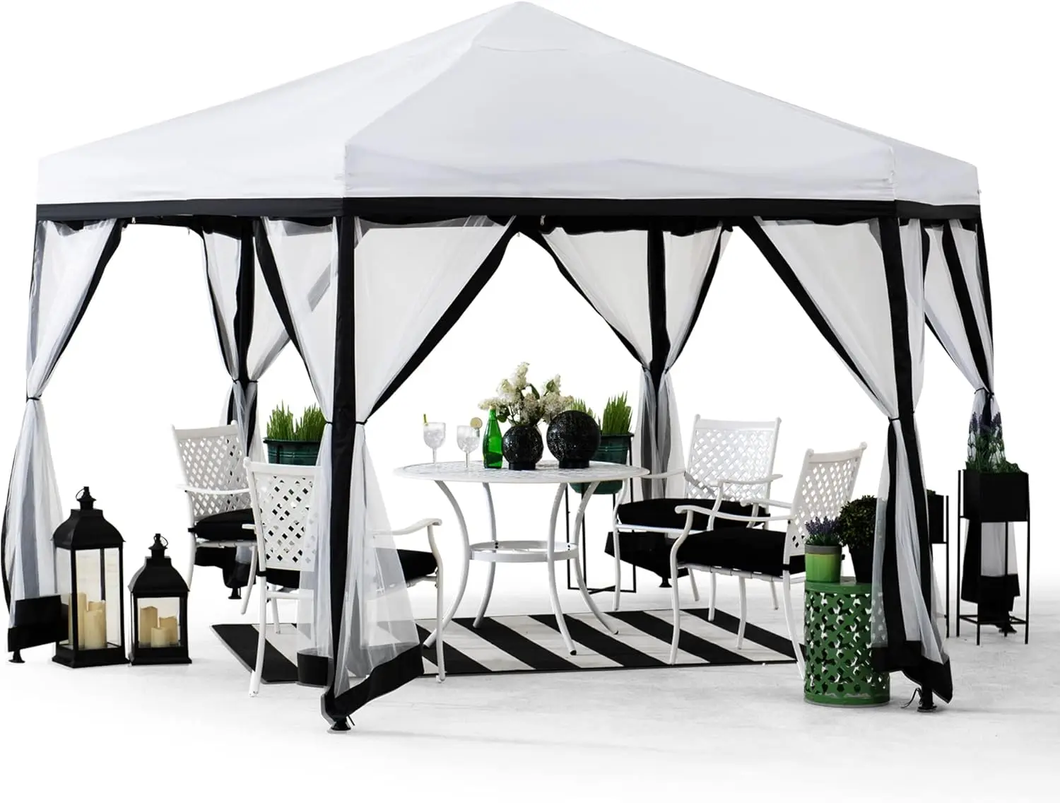 

11x11 ft. Pop Up Gazebo 2-Tone Portable Canopy/Tent Outdoor Hexagon Steel Frame Soft Top Gazebo Mesh Sidewalls and Carry