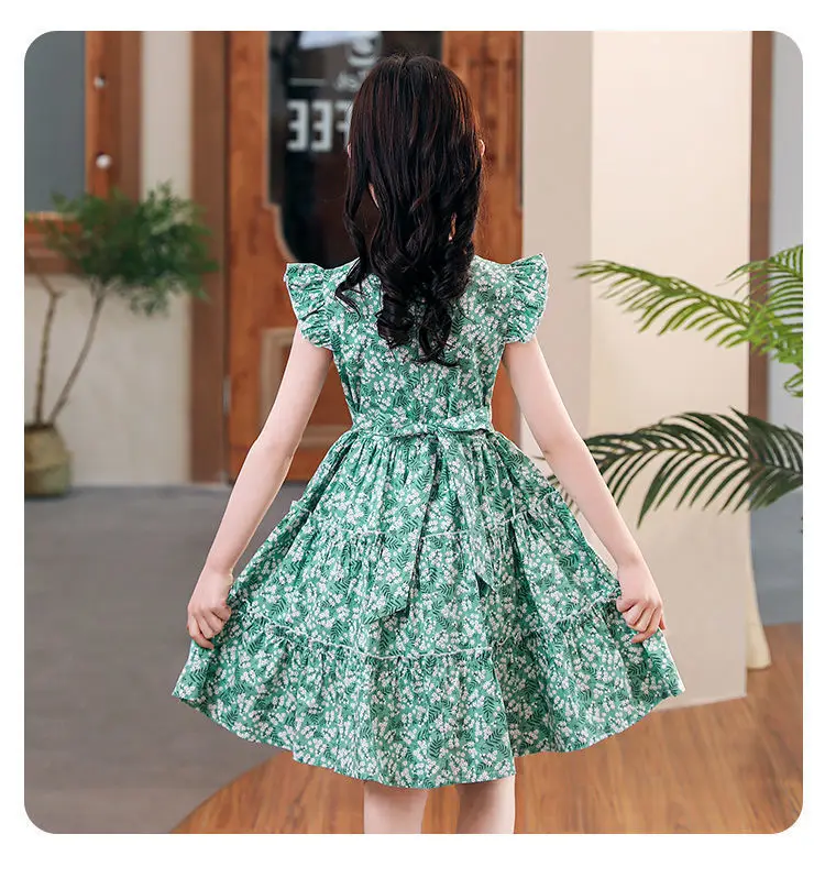 2023 teenager Summer baby Girls Flying Sleeve pink Dress floral Clothes lace Off Shoulder Pleated skirt 5 6 7 9 10 12 14 years