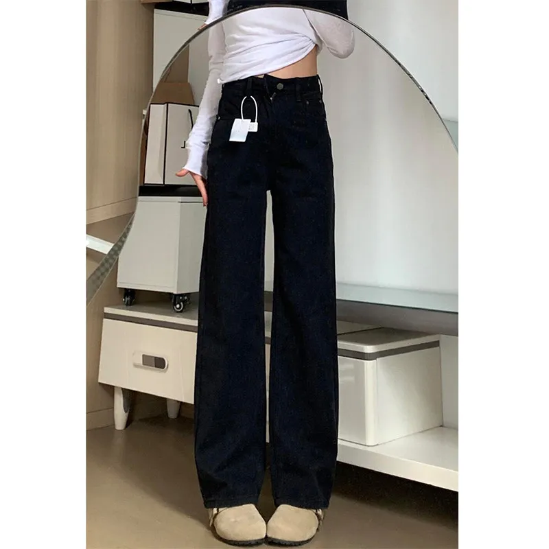 High Waist Wide Leg Black Denim Jeans Women's Loose Fit Fashionable Straight Leg Trousers for Pear Shaped Body Autumn New Style