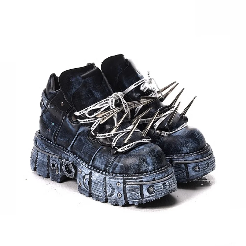 

New Punk Genuine Leather Men's Motorcycle Boots Lace-up Tank Thick Heel Metal Rivet Decor Sneakers Goth Women Ankle Rock Boots