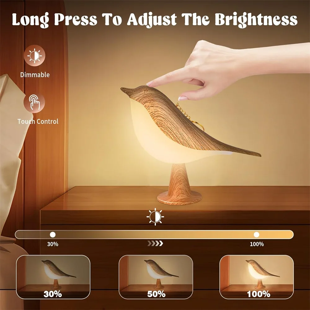 3 Colors Wooden Magpie Bird Night Lights Touch-Control LED Lamp USB Rechargeable Table Lamps Versatile for All Rooms Decoration