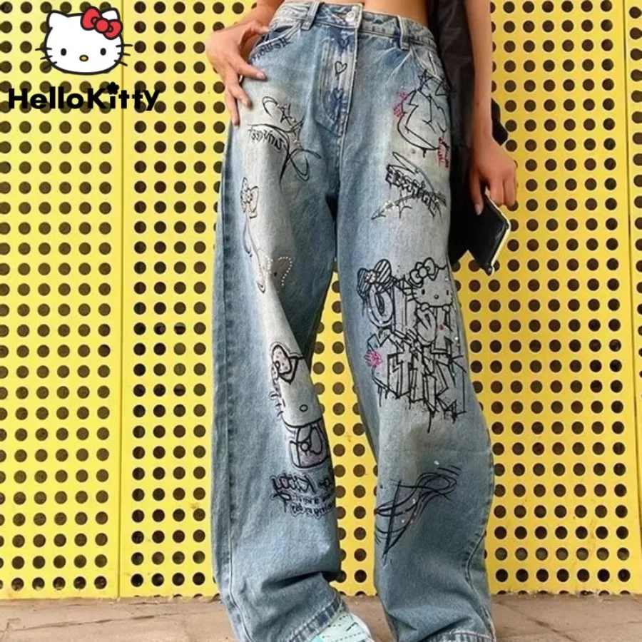 Sanrio Hello Kitty American Graffiti Jeans Women's Summer Loose Straight Pants Unique Design Millennium Y2K Girl Style Trousers