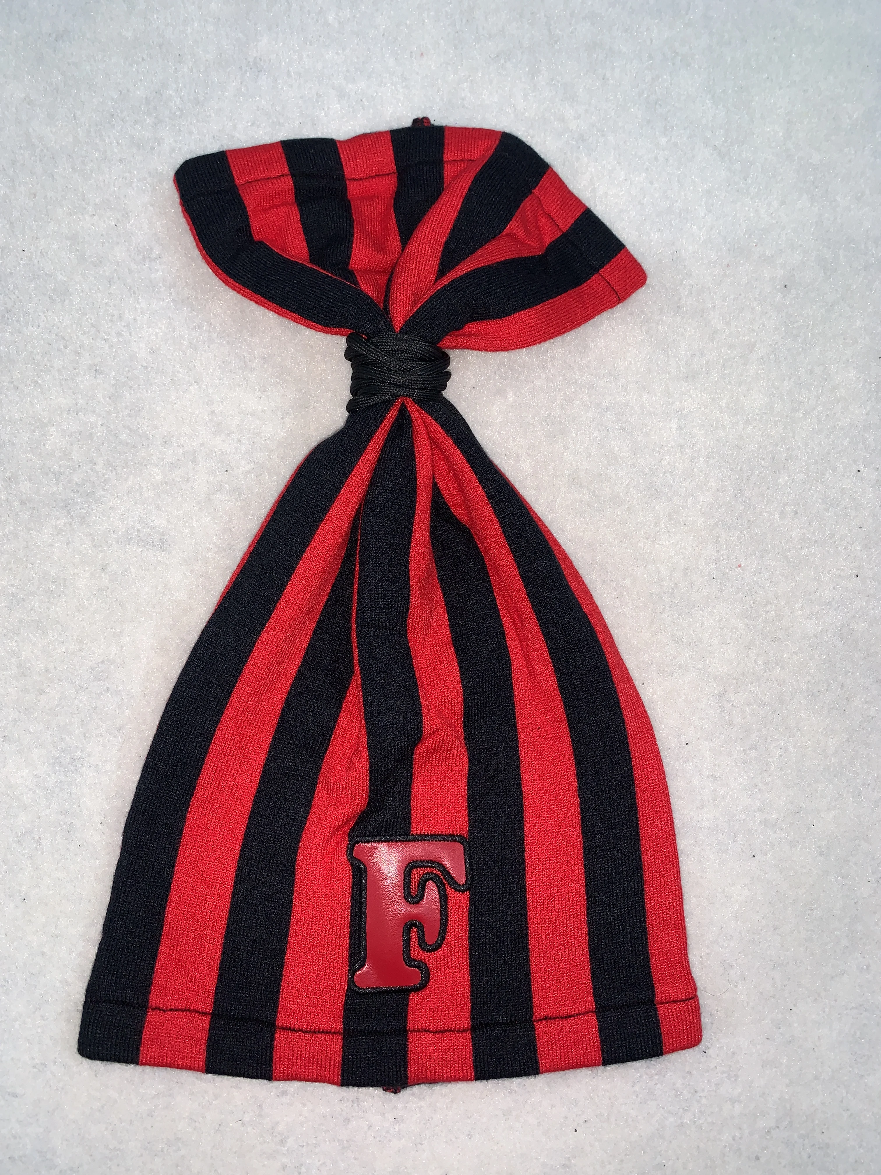 Red Black Thick Vertical Stripe Knit Drawstring Pouch Red Letter F Patch Portable Storage Bag