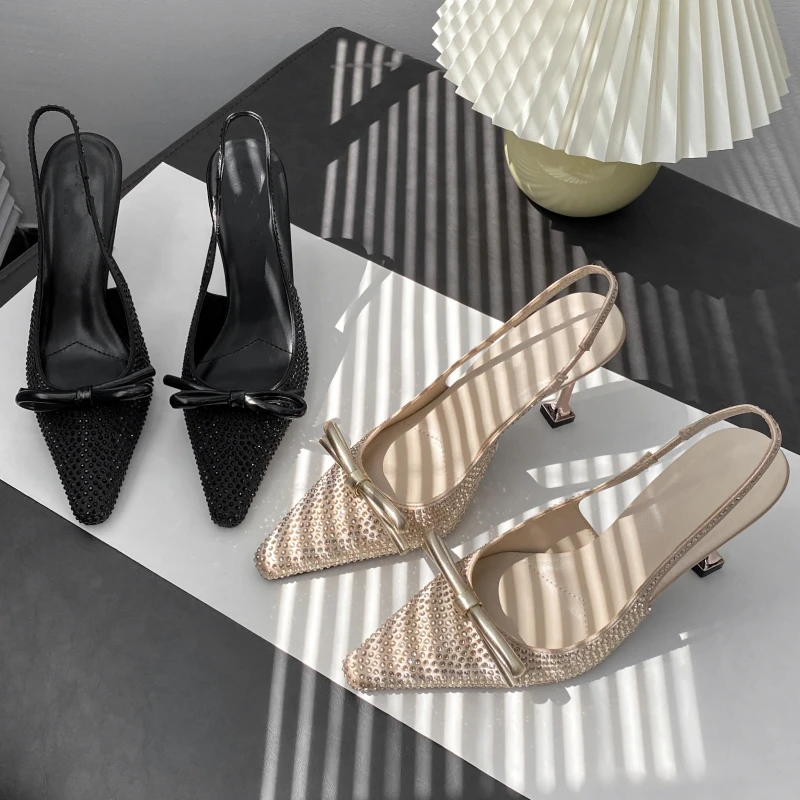 

New Style Women's High Heels, Small Square Toe Bow High Heels, One-strap Closed Toe Rhinestone Sandals, Back Sling Shoes