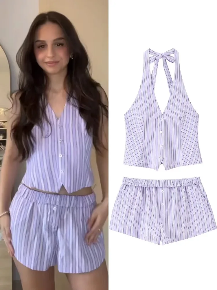 HH Donna Estate Moda Stripe Scollo a V Backless Monopetto Corto Top senza maniche + Elastico in vita Tasca con bottoni Pantaloncini Abito