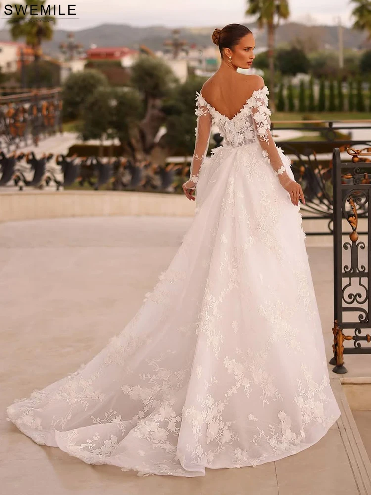 SWEMILE Appliques in pizzo Perle Abito da sposa Treno staccabile 2025 Fiore 3d Corsetto in osso Abiti da sposa Manica intera Vestido De Novia