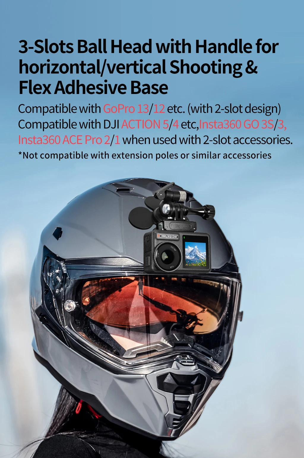 360 drehbare Helm-Kamerahalterung, flexible selbstklebende Basis, 17 mm Kugel für GoPro 13 12 11 Insta360 X4 X5 Ace Pro Motorradhalterung – Detail 11