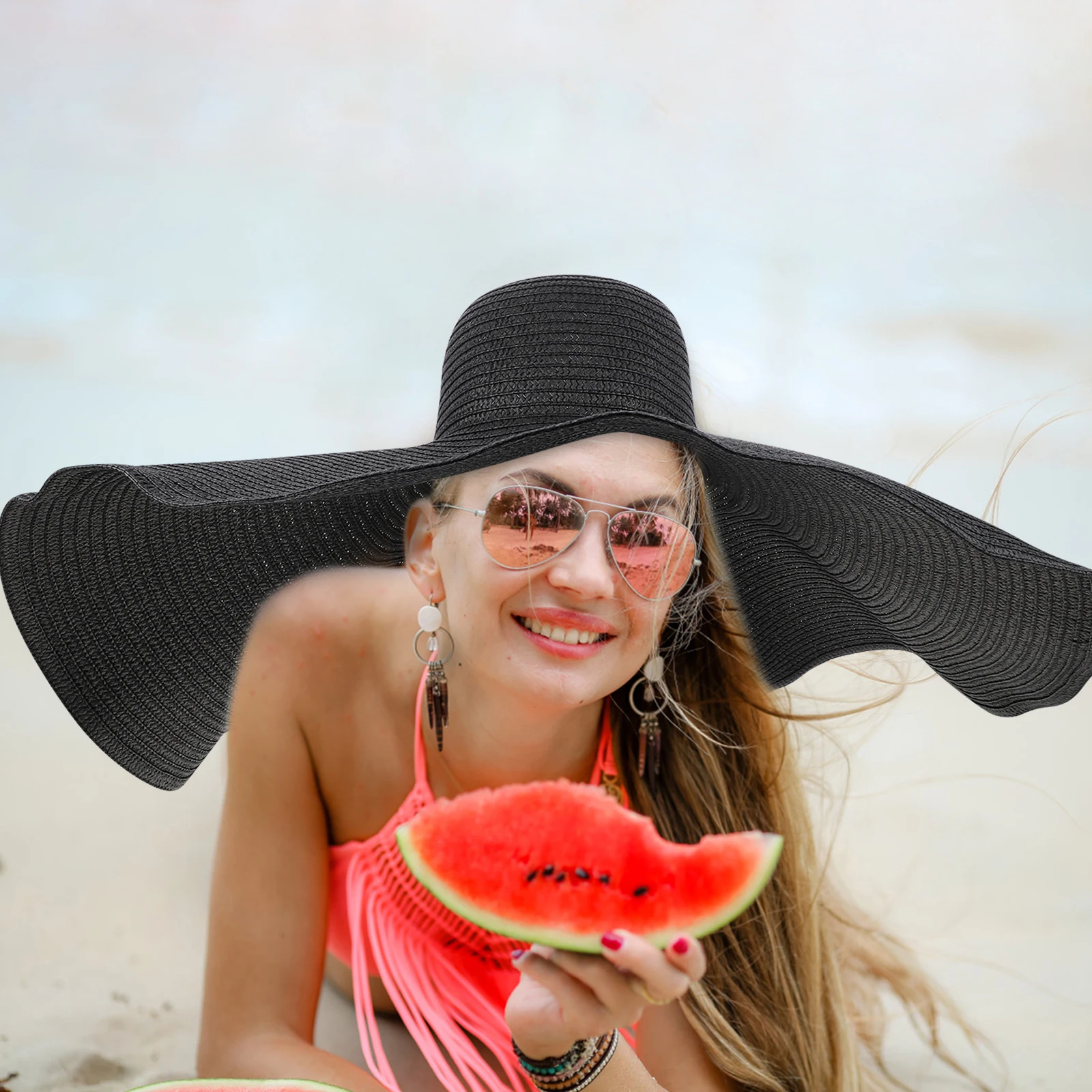 

Wide Brimmed Straw Hat Women Lightweight Foldable Beach Sun Hat Black Summer Vacation Travel UV Protection Breathable Design