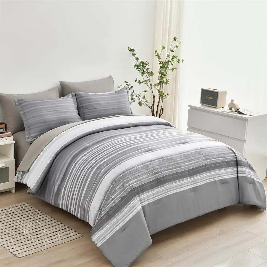 

7 Piece Bed in a Bag Stripe Comforter Set Queen Size, White Grey Patchwork Striped Comforter and Sheet Set, All Season Soft Micr
