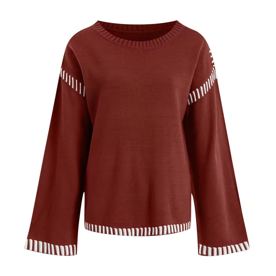 Womens Sweaters For Women Fashion Solid Crewneck Loose Fit Long Sleeve Contrast Knit Pullover Sweater Tops пальто женское