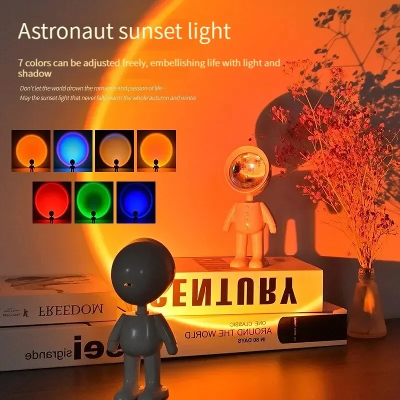LED 7 Colors Light Sunset Light Astronaut Light Rainbow Projection Night Light 360 Degree Rotation Rechargeable Ambient Light