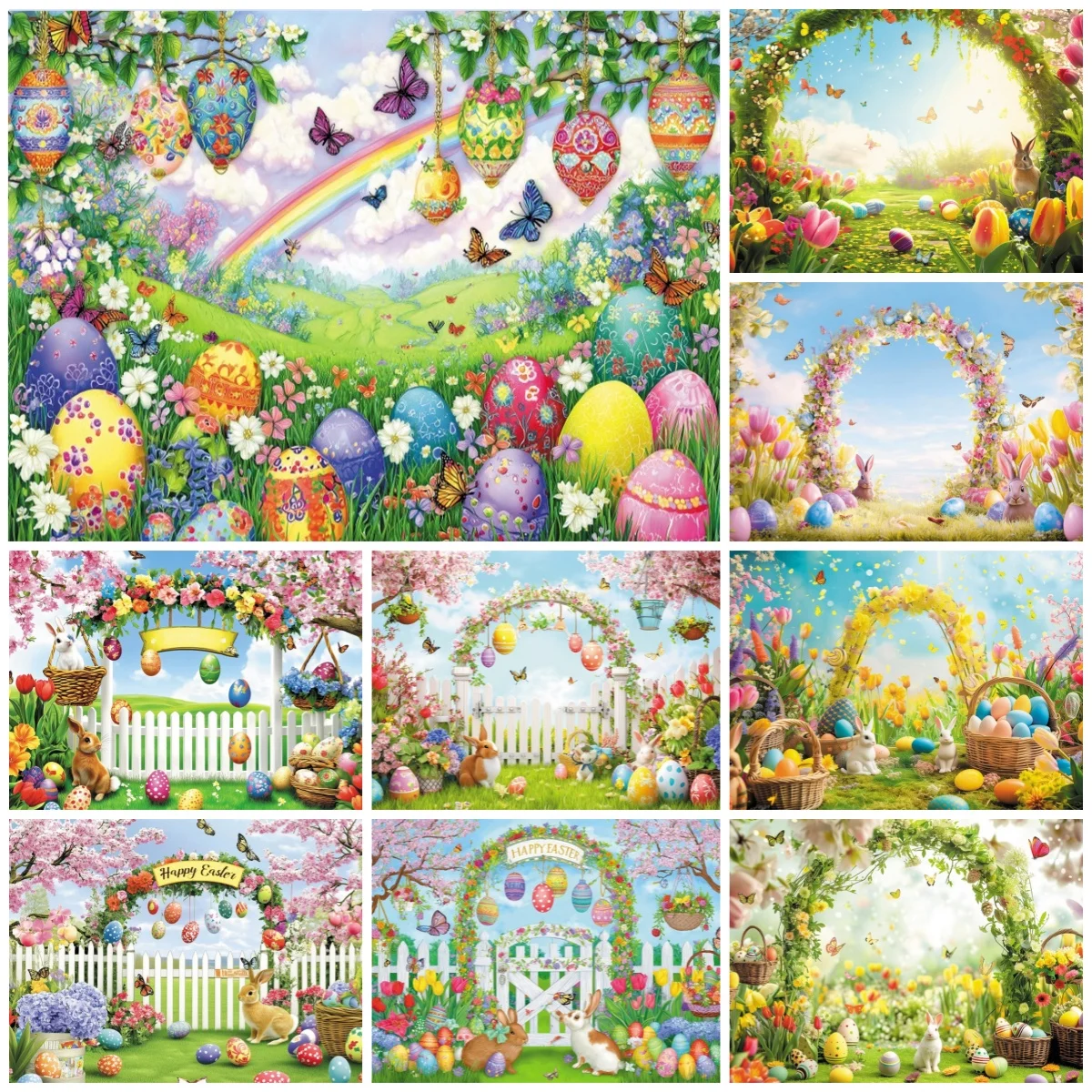

Easter Theme Backgrounds Dreamy Spring Garden Wooden Fence Flower Arch Easter Egg Decor Baby Shower Kids Portrait Photo Backdrop