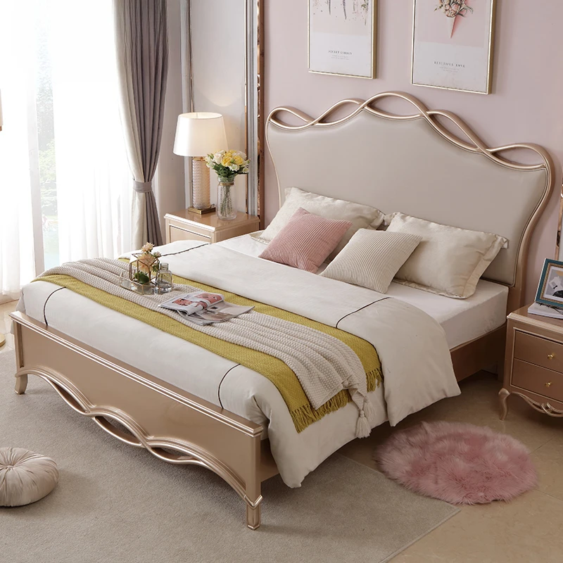 

American light luxury solid wood bed, modern European bedroom double bed, simple Internet celebrity princess master bedroom