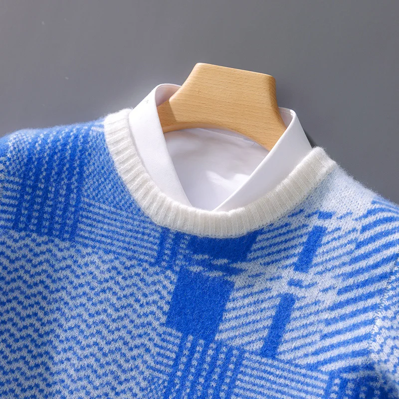 

Autumn and Winter Men's New 100% Wool Sweater Clothing Knitted Round Neck Contrast Pullover Fashion Texture Blouse