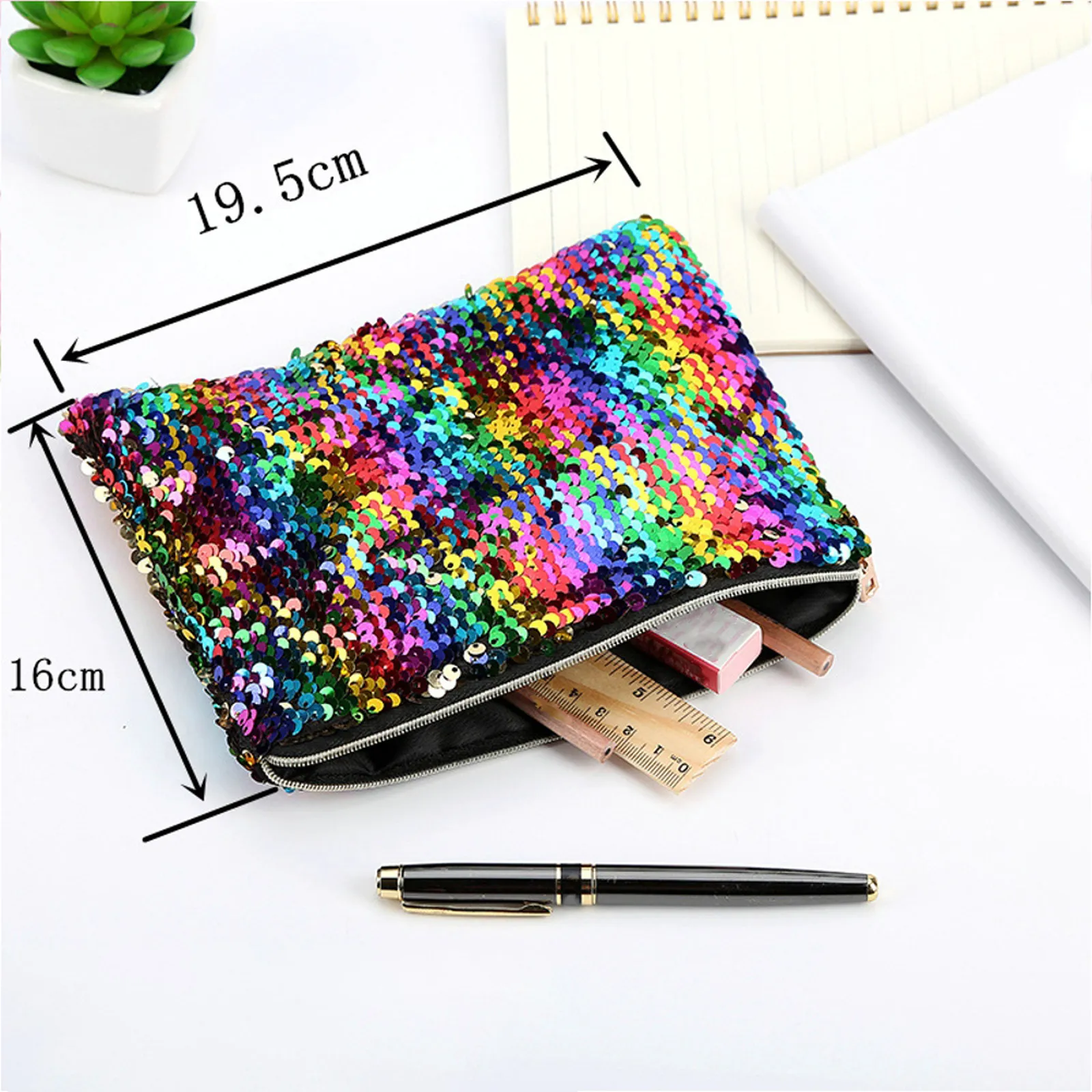 Sequined Pencil Bag Rainbow Silver Stylish Zipper Pouch Multifunctional Pen Coin Organizer Stationery Case