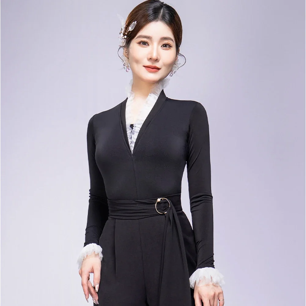 Black Cha Cha Dance Ball Top Slim-fit Slimming New Women's Top Long-sleeved Clothing New V-neck Practice Clothes
