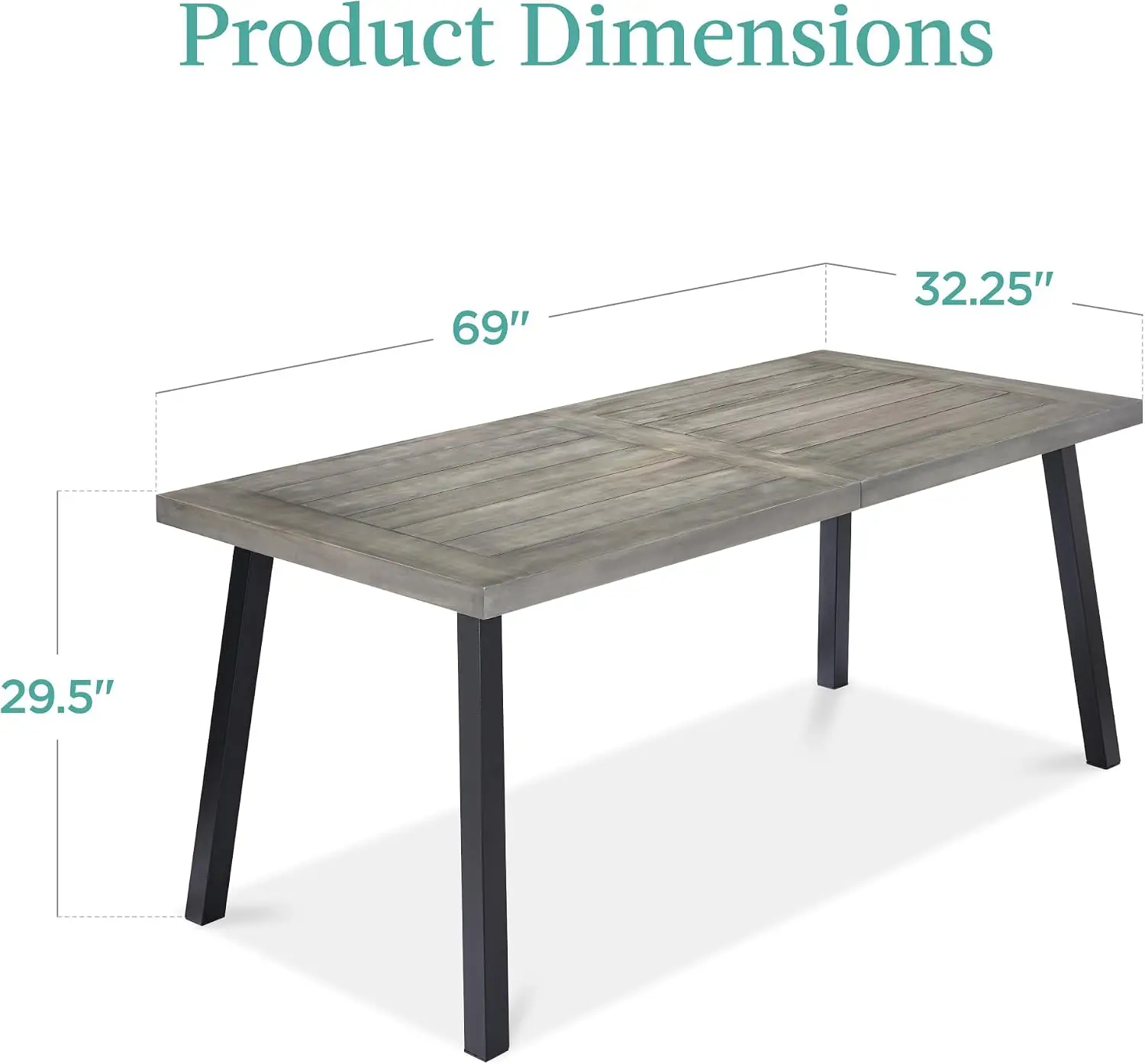 Acacia Wood Dining Table, Rectangular Meal Desk For Indoor Outdoor Patio Lawn Garden, Powder Coated Steel Frame Heavy Duty Support Sturdy Legs, Modern Rustic Style, Weathered Gray, Single Unit
