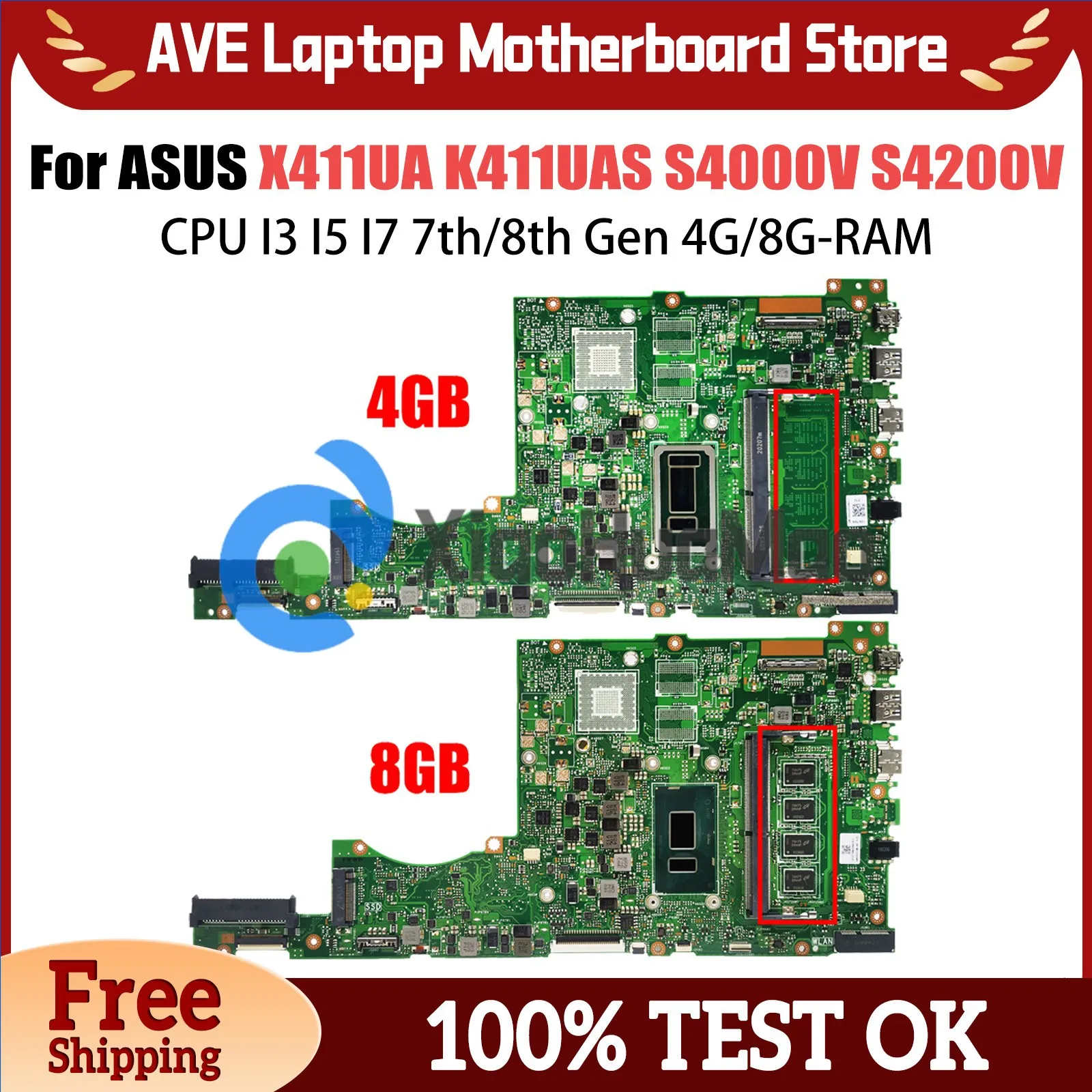 X411UA Mainboard For ASUS Vivobook 14 K411UAS S4000V S4200V A411U K411U F411U Motherboard CPU I3 I5 I7 7th/8th 4G/8G-RAM