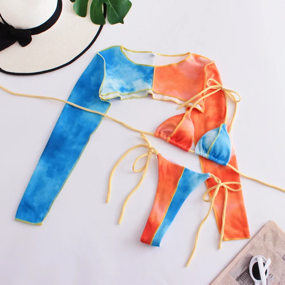Tie dye string bikini retalhos maiô tanga micro banho feminino y2k colheita cover-up 3 peças praia banhista terno biquini feminino