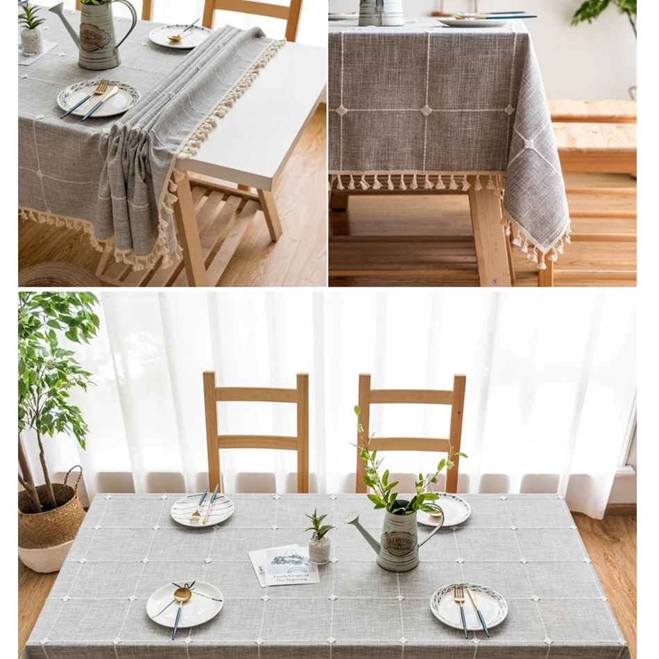 Grey Large Square Embroidery Tassel Tablecloth,Cotton Linen Dust-Proof Checkered Table Cover,for Kitchen Dinning Tabletop Decor