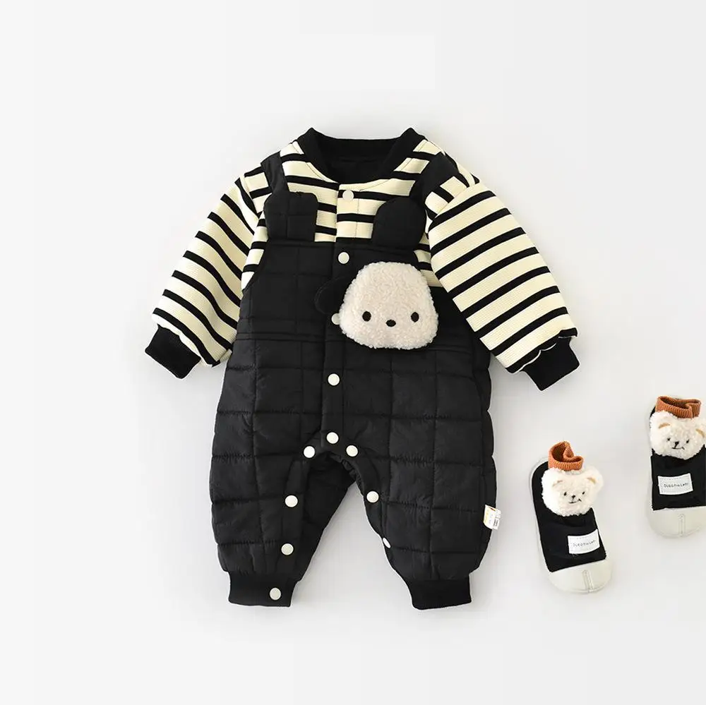 2025 Winter New Baby Warm Fleece Romper Infant Boy Girl Striped Splicing Jumpsuit Plus Velvet Thick Newborn Clothes 0-24M