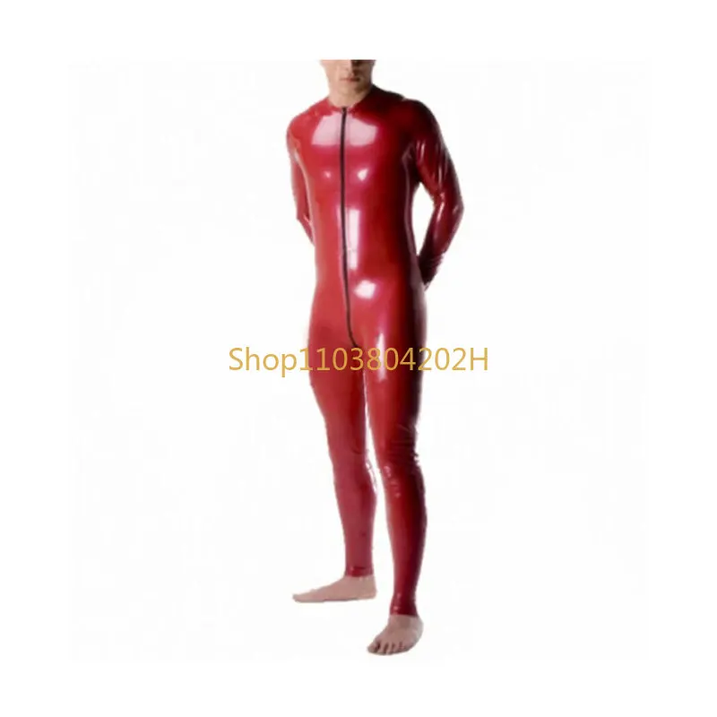 

Sexy Latex Gummi Catsuit Man Goma Dark Red Rubber Jumpsuit Front Zip Handmade Bodysuit