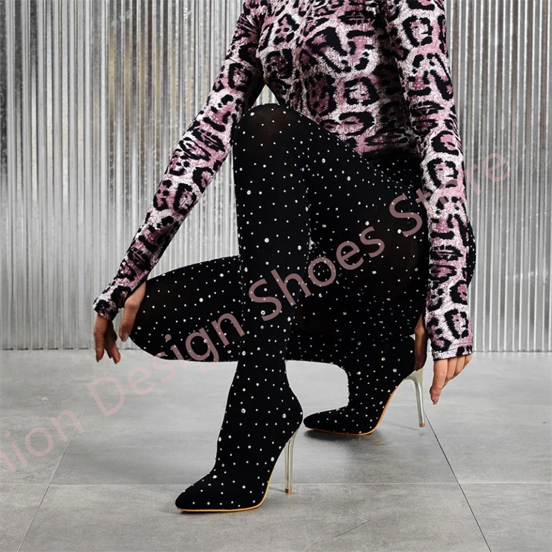 Stretch Fabric Long Pants Boots Mixed Colors Rhinestone Women Boots Metal Super High Heels Over The Knee Boots 42 43 Women Shoes