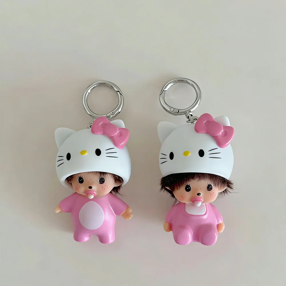 Chaveiro de Boneca Monchhichi Hello Kitty Fofa em Material TPR, Pingente de Desenho Animado, Charm para Bolsa, Chaveiro de Carro, Presente Adorável para Meninas