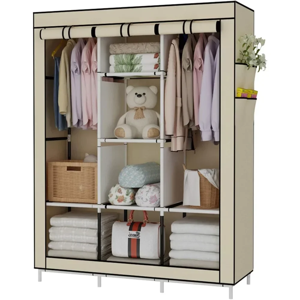 

Portable Wardrobe Closet Clothes Organizer Non-Woven Fabric Cover with 6 Storage Shelves, 2 Hanging Sections and 4 Side Pockets