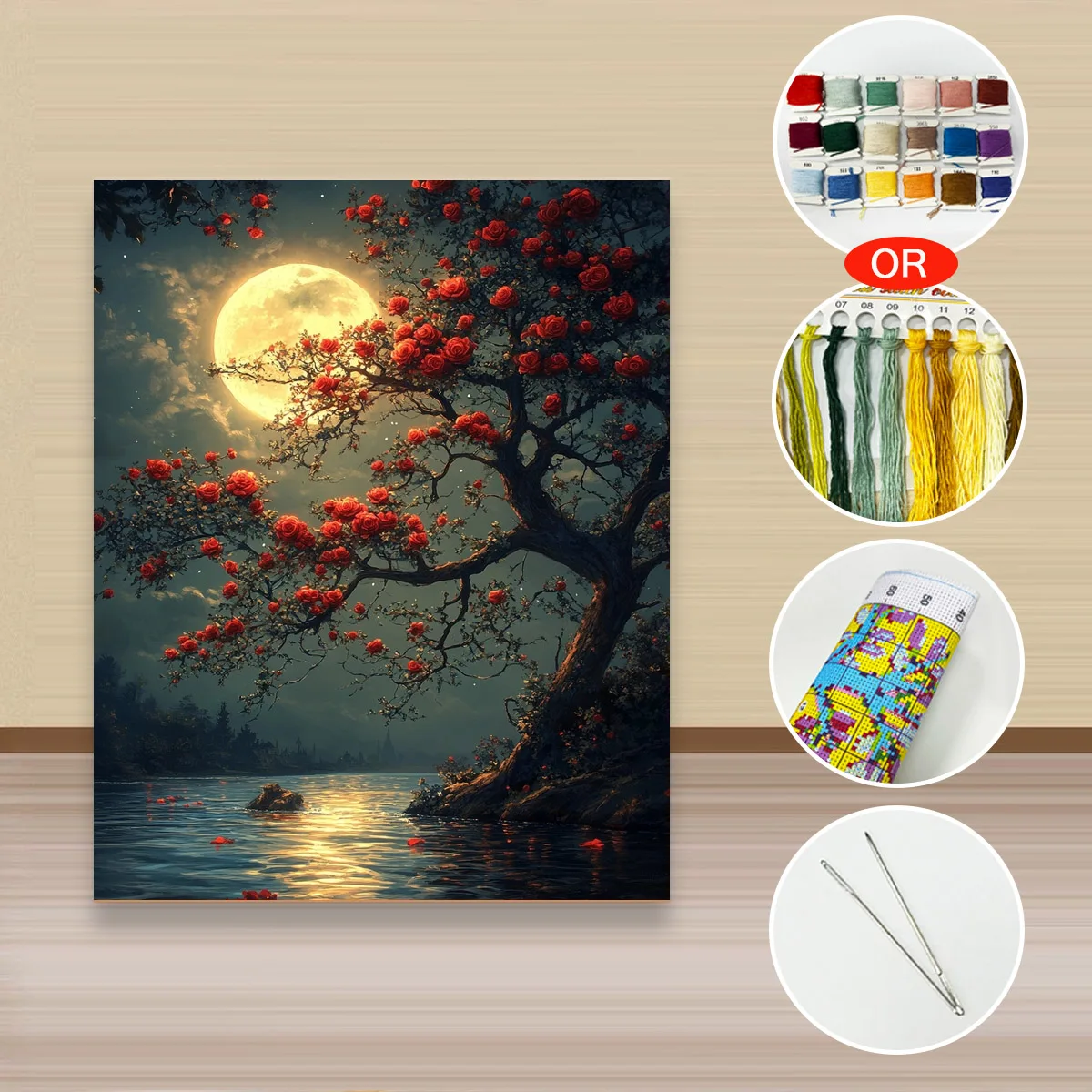 1 Stück 40x50 cm/15,7x19,69 Zoll, 11CT/14CT Kreuzstich-Set, DIY Valentinstagsgeschenk, Stickerei-Set für Festivals, Rotes Buch und Mond – Detail 2