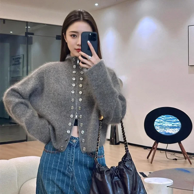 Double Breasted Cardigan Women Autumn Solid Simple All-match Zippers Design Baggy Cozy Cropped Sweater Streetwear Ulzzang Chic