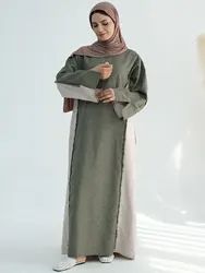 New Trend Contrast Color Women Dresses Modest Abaya Muslim Women Dress Linen Frayed Closed Abaya Ramadan EID Dubai Abaya 2025