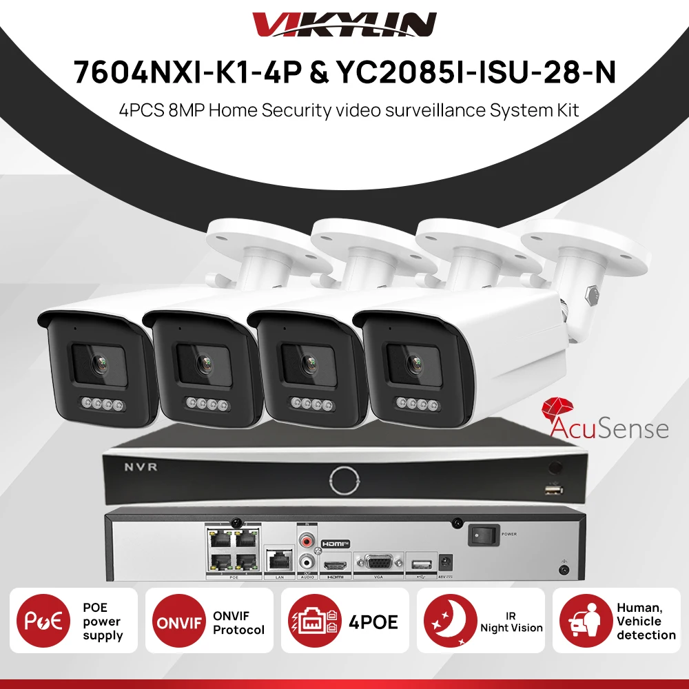 

Vikylin 4K Ultra HD POE Video Surveillance System 4CH NVR Recorder With Security Cameras CCTV Kit Audio Recording 4K Ip camera