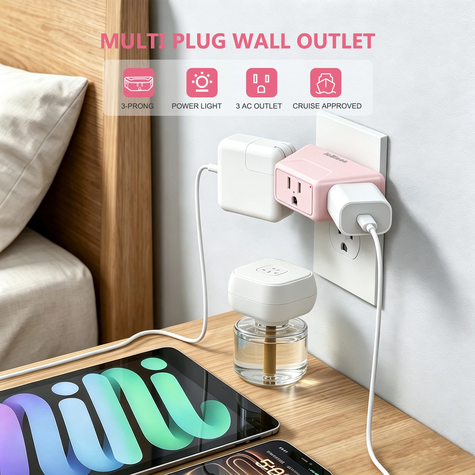 Muliti Wall Outlet Extender, 3 Way Angled Wall Outlet Adapter, Space-Saving, Electrical Wall Splitter for Bathroom Kitchen