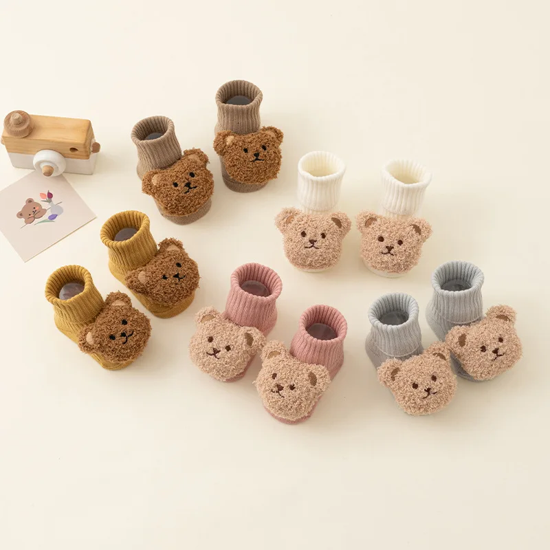 Children's Cartoon Bear Toddler Socks Baby Spring Autumn Pure Cotton Mid-calf Point Rubber Non-slip Floor Socks Cute Baby Socks