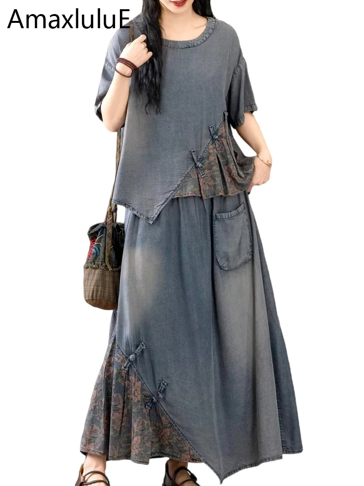 AmaxluluE Letnie garnitury damskie Chińskie 2-częściowe zestawy Casualowe luźne stroje dżinsowe z nadrukiem Moda Vintage Topy Duży rozmiar Spódnica w kwiaty