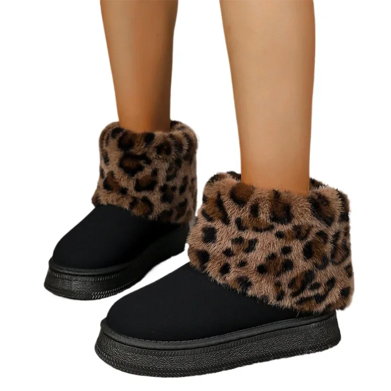 Fluffy Leopard Women Ankle Snow Boots Flats Platform Cotton Shoes Winter Warm Casual Suede Boots Trend 2024 Walking Female Botas