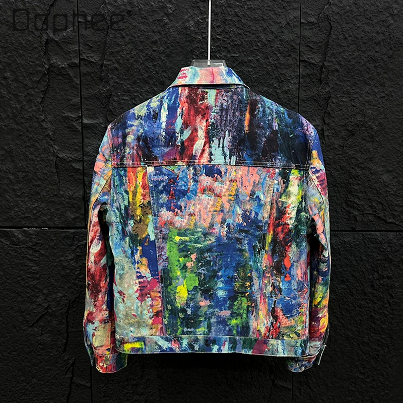 

2026 Spring and Autumn New Unique Painted Graffiti Oil Painting Denim Jacket Men's Fashion Versatile Loose Casual Gray Jacket