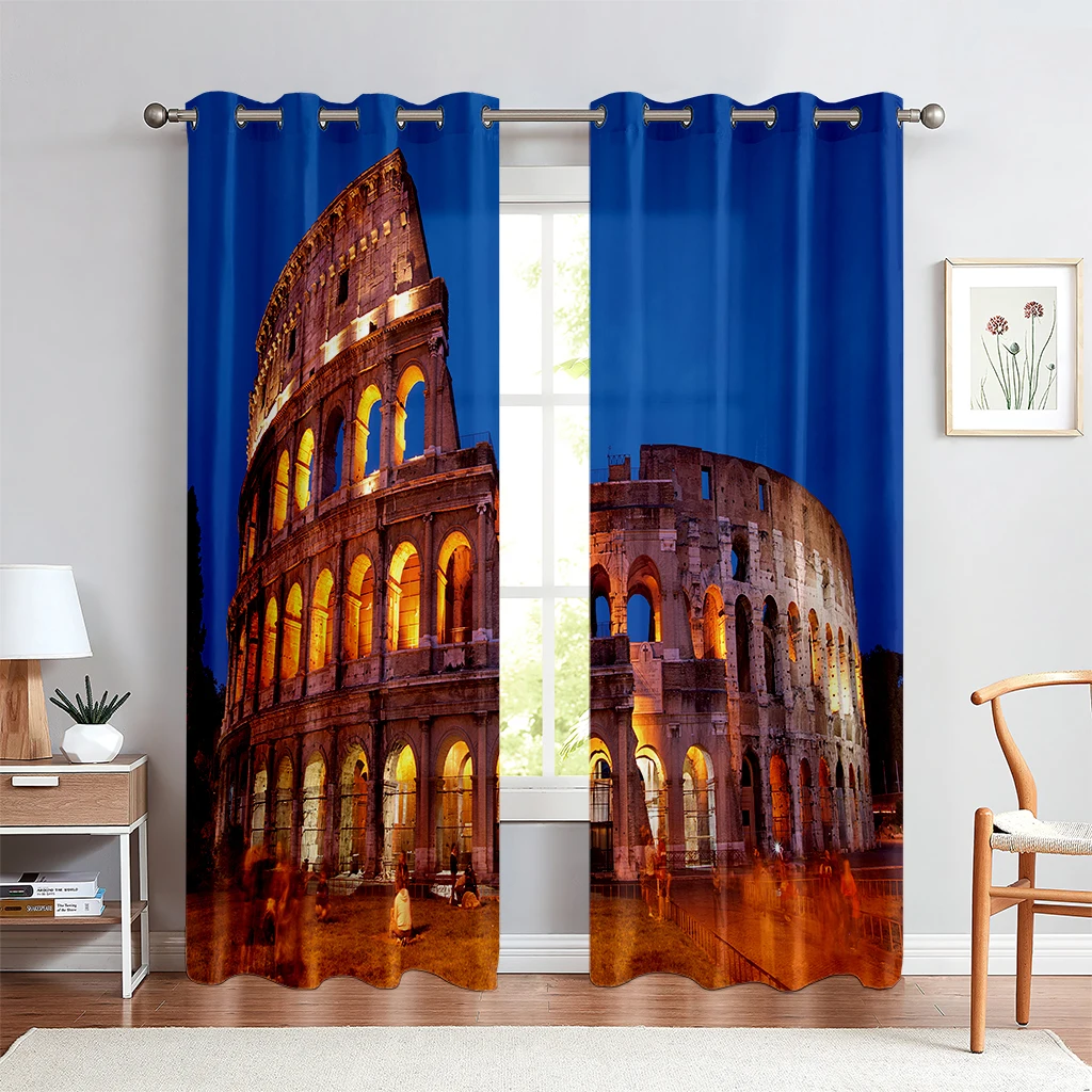 City Building 3D Printed Curtains Street View River View Black And White Hand-Painted Industrial Style Living Room Curtains 2PCS