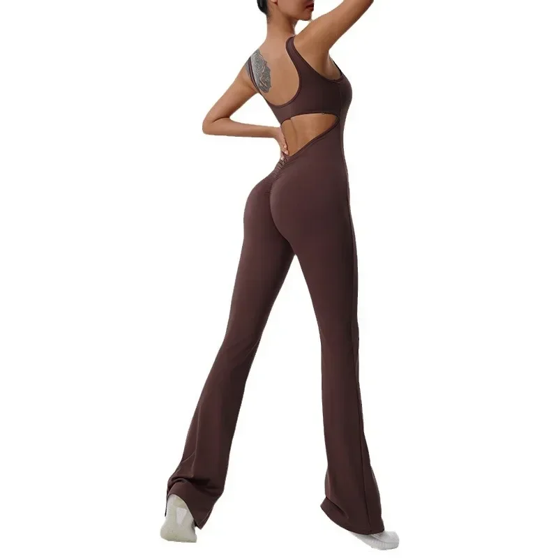 

Sports Tights Flared Pants Bodysuits Yoga Fitness Bodycon Jumpsuits with Chest Pad Active Wear Women One Piece Workout Clothes