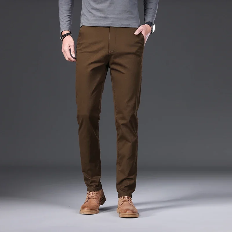 

Cotton Men's Casual Pants Straight Stretch Trouser Male Fashion Slim Business Dress Golf Office Spring Autumn Khaki Black Formal